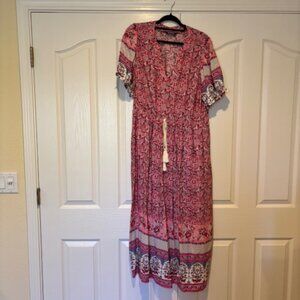 BloomChic Boho Print Notched Ties Tassel Trim Dress Pink / 14-16/1X